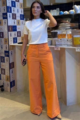 Turuncu Yüksek Bel Keten Wide Leg Pantolon MG2718