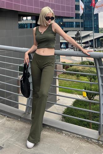 Haki Beli Fitilli Yüksek Bel İspanyol Paça Tayt MG2096