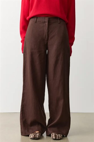 Kahverengi Yüksek Bel Keten Wide Leg Pantolon MG2718