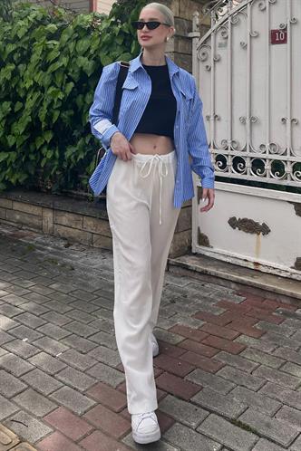 Beyaz Krinkıl Kumaş Basic Kadın Plaj Pantolon MG1778