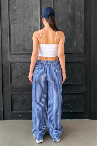 Lacivert Beli Ayarlanabilir Çizgili Cepli Bol Paça Kadın Pantolon Mg2312
