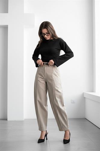 Haki Modern Kesim Kemerli Yüksek Bel Bol Paça Kumaş Pantolon MG2618