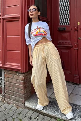 Sarı Pötikareli Bol Paça Kadın Pantolon Mg2335