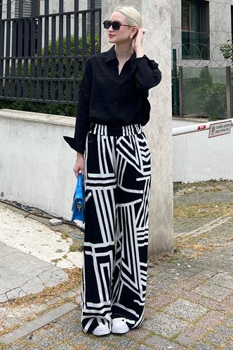 Siyah Desenli Beli Lastikli Bol Paça Pantolon MG2051