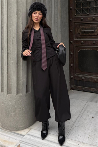 Siyah Pileli Cepli Balon Kadın Pantolon MG2692