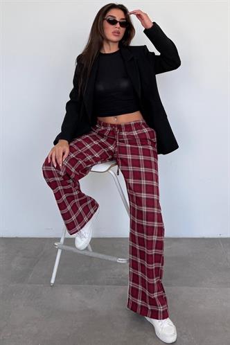 Bordo Lastikli Bel Geniş Paça Ekose Pantolon MG2658