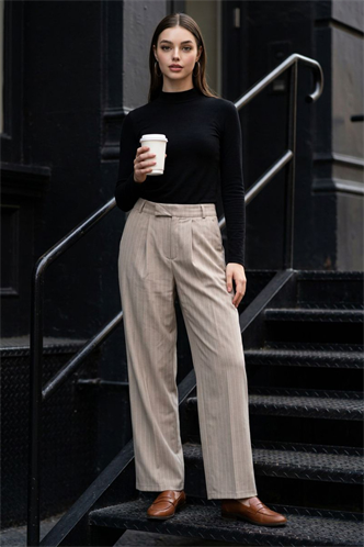 Bej Çizgili Yüksek Bel Pileli Kadın Kumaş Pantolon MG2641