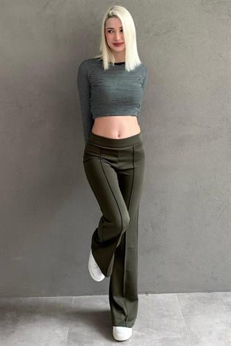 Haki Yüksek Bel Flare Paça Şık Günlük Kadın Tayt MG2645
