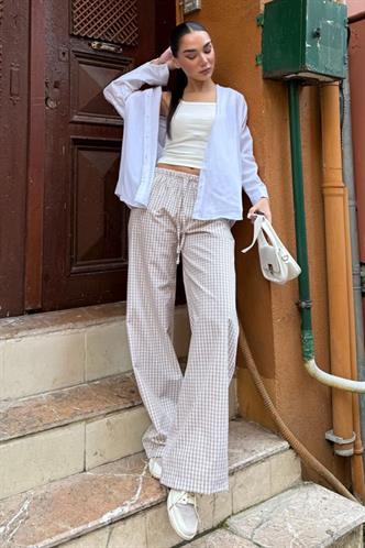 Bej Pötikareli Bol Paça Kadın Pantolon Mg2335