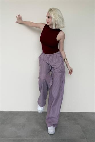 Bordo Beli Ayarlanabilir Bol Paça Dökümlü Çizgili Pantolon MG2087