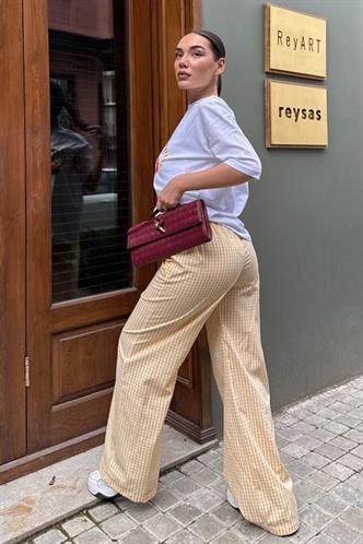 Açık Sarı Pötikareli Bol Paça Kadın Pantolon Mg2335