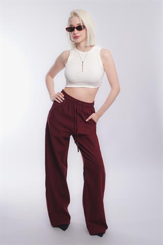 Bordo Beli Büzgülü Bol Paça Kadın Pantolon MG2011
