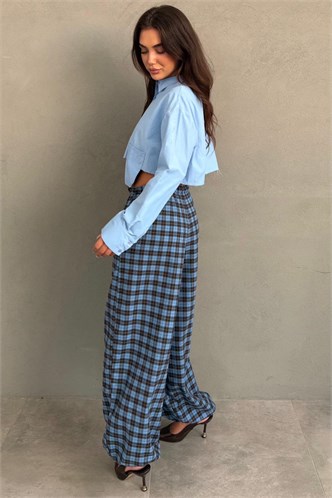 Mavi Ekose Desenli Beli Lastikli Balon Pantolon MG2905