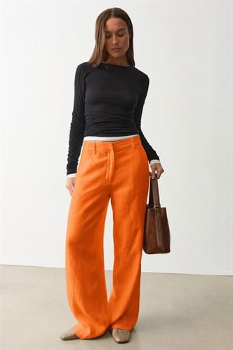 Turuncu Yüksek Bel Keten Wide Leg Pantolon MG2718