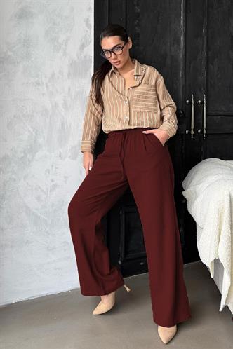 Bordo Beli Büzgülü Wide Leg Kumaş Pantolon MG1950