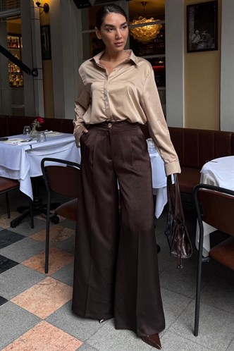 Acı Kahverengi Geniş Paça Şık Saten Pantolon MG2736