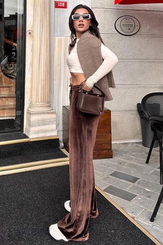 Kahverengi Bol Paça Kadife Eşofman MG2283