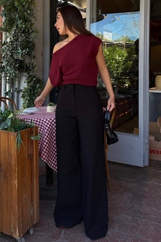 Siyah Yüksek Bel Keten Wide Leg Pantolon MG2718