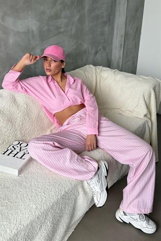 Pembe Beli Ayarlanabilir Çizgili Cepli Bol Paça Kadın Pantolon Mg2312