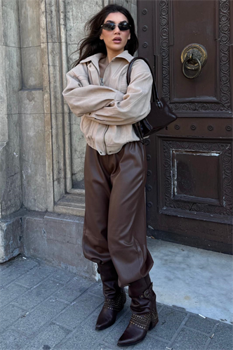 Kahverengi Lastikli Bel Kadın Deri Balon Pantolon MG2701