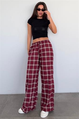 Bordo Lastikli Bel Geniş Paça Ekose Pantolon MG2658