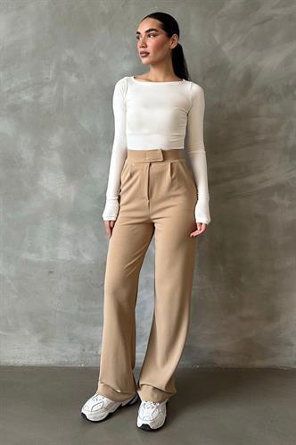 Bej Likralı Cırt Kapamalı Palazzo Pantolon MG2291
