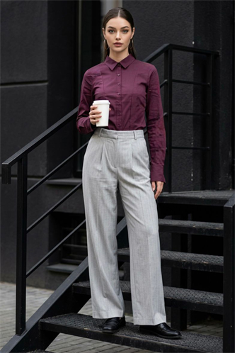 Gri Çizgili Yüksek Bel Pileli Kadın Kumaş Pantolon MG2641