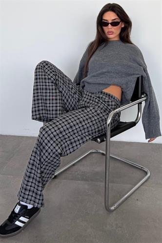 Gri Lastikli Bel Geniş Paça Ekose Pantolon MG2658