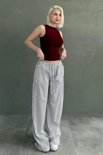 Beyaz Beli Ayarlanabilir Çizgili Cepli Bol Paça Kadın Pantolon Mg2312