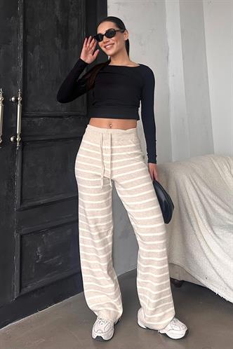 Bej Çizgili Kadın Triko Pantolon Mg2342