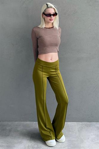 Açık Yeşil Yüksek Bel Flare Paça Şık Günlük Kadın Tayt MG2645
