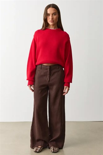 Kahverengi Yüksek Bel Keten Wide Leg Pantolon MG2718