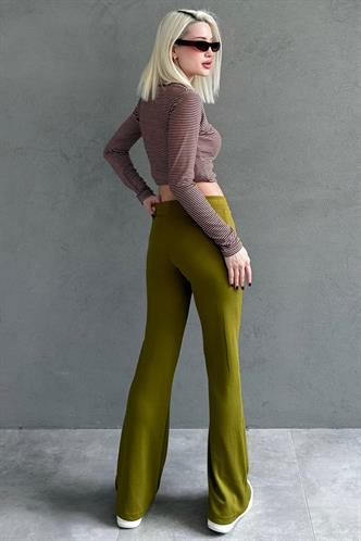 Açık Yeşil Yüksek Bel Flare Paça Şık Günlük Kadın Tayt MG2645