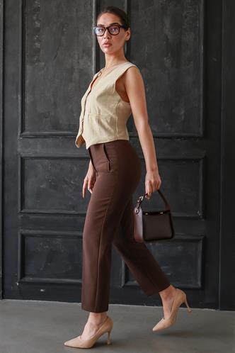 Acı Kahve Önü Biyeli Yüksek Bel Kadın Pantolon MG2425