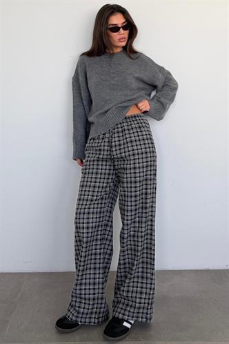 Gri Lastikli Bel Geniş Paça Ekose Pantolon MG2658