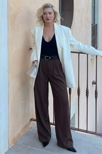 Kahverengi Çift Pileli Kemerli Pantolon Mg2330