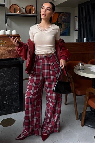 Bordo Kare Desenli Rahat Kesim Pantolon MG2728