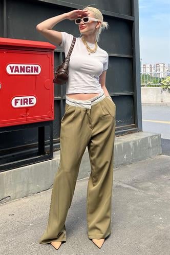 Haki Kemer Detaylı Bol Paça Pantolon MG1834