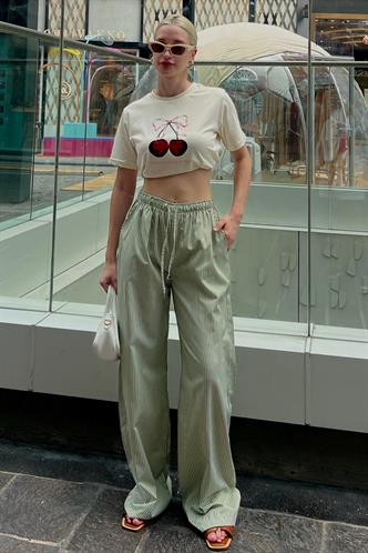 Yeşil Beli Ayarlanabilir Bol Paça Dökümlü Çizgili Pantolon MG2087