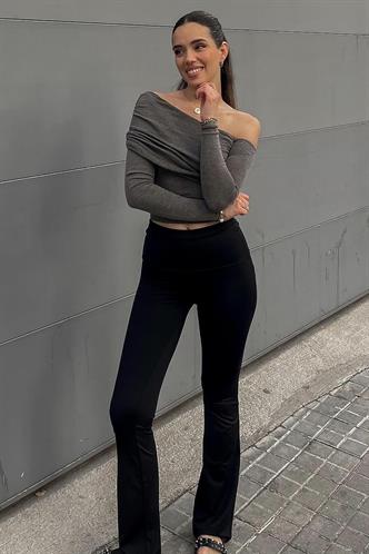 Siyah Beli Fitilli Yüksek Bel İspanyol Paça Tayt MG2096