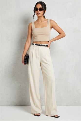 Açık Bej Çift Pileli Kemerli Pantolon Mg2330