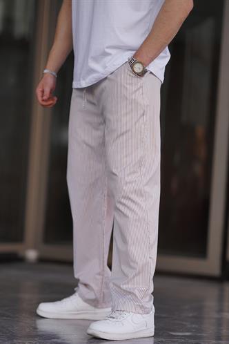 Bej Beli Ayarlanabilir Bol Paça Dökümlü Çizgili Pantolon 6541
