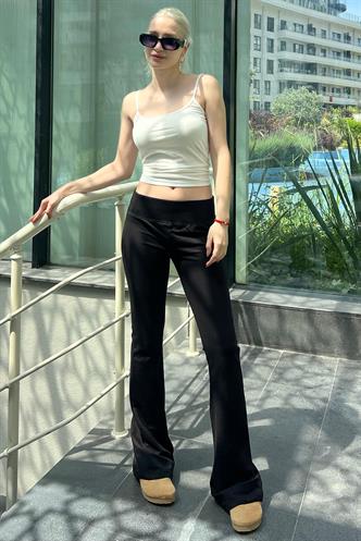 Siyah Beli Fitilli Yüksek Bel İspanyol Paça Tayt MG2096