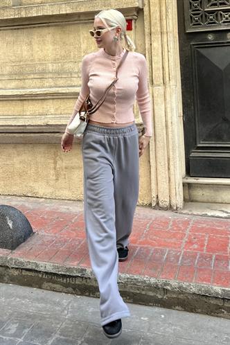 Boyalı Gri Beli Lastikli Yüksek Bel İspanyol Paça Triko Eşofman  MG2211