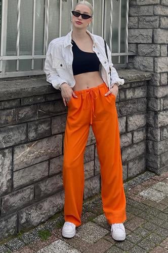 Turuncu Krinkıl Kumaş Basic Kadın Plaj Pantolon MG1778