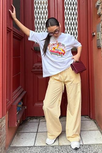 Açık Sarı Pötikareli Bol Paça Kadın Pantolon Mg2335