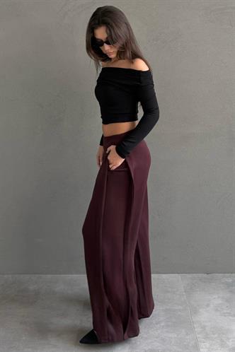 Bordo Yumuşak dokunuşlu, Yanları Pilili, Modal İçeren Geniş Paça Pantolon MG2668