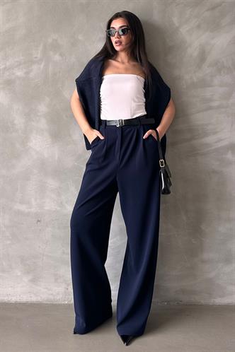 Lacivert Çift Pileli Kemerli Pantolon Mg2330