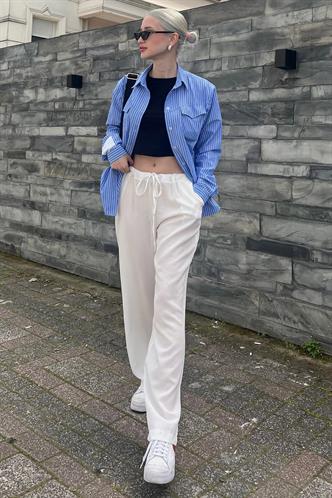 Beyaz Krinkıl Kumaş Basic Kadın Plaj Pantolon MG1778