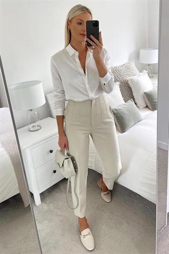 Krem Önü Biyeli Yüksek Bel Kadın Pantolon MG2425